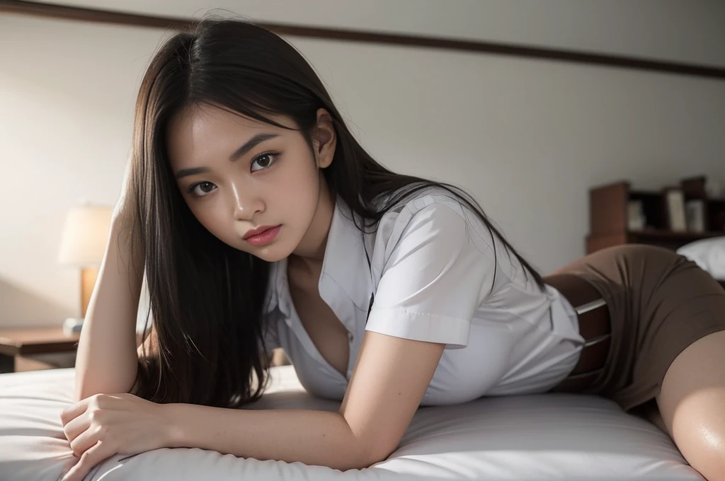 1girl, thai university uniform:1.3, 8k, high detail, high quality, realistic, slim and perfect figure, perfect body proportions, cinematic lighting, long exposure, selective focus on face, white short-sleeve button up shirt, black tight mini skirt, 1 brown suede belt, black messy long straight hair, silver metal shurt buttons, silver metal modern belt buckle, iin dark bedroom:1.3, face expression of suffering:1.3, portrait, open eyes a little:1.4, open mouth a little:1.4, close up on face, sleeping face:1.4, tired face:1.4, lying on the bed:1.5, Expression of debauchery:1.4, side angle:1.3