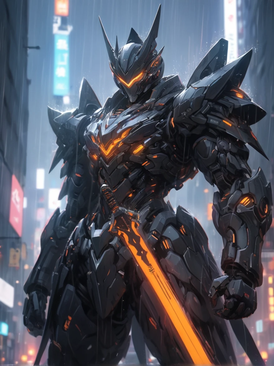 game illustration,League of legends splash art,A black mecha stands on a city street on a rainy day,He has heavy armor,particle flow only,Skirt Armor,glowing eyes,no humans,cyberpunk,Science fiction,dynamic poses,Hongmei tea,portrait,intricate details,