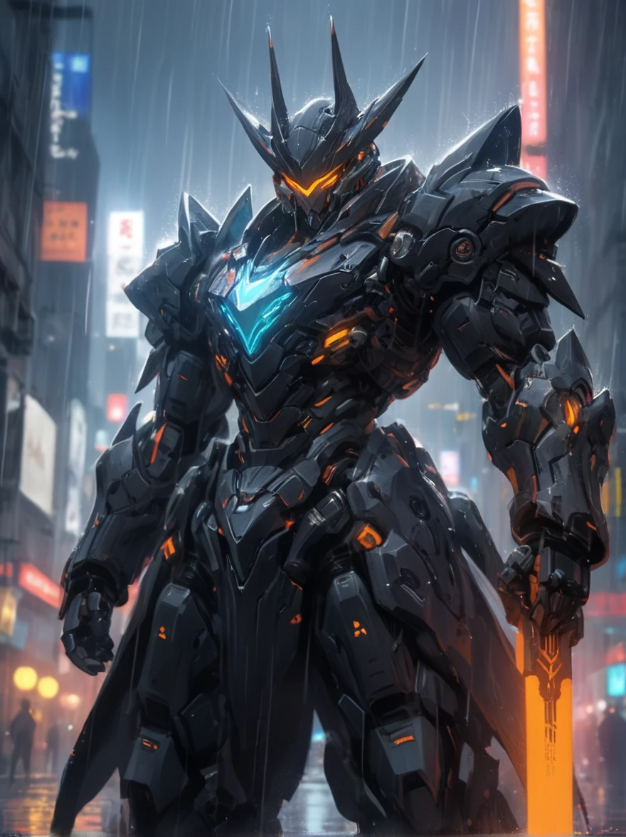 game illustration,League of legends splash art,A black mecha stands on a city street on a rainy day,He has heavy armor,particle flow only,Skirt Armor,glowing eyes,no humans,cyberpunk,Science fiction,dynamic poses,Hongmei tea,portrait,intricate details,