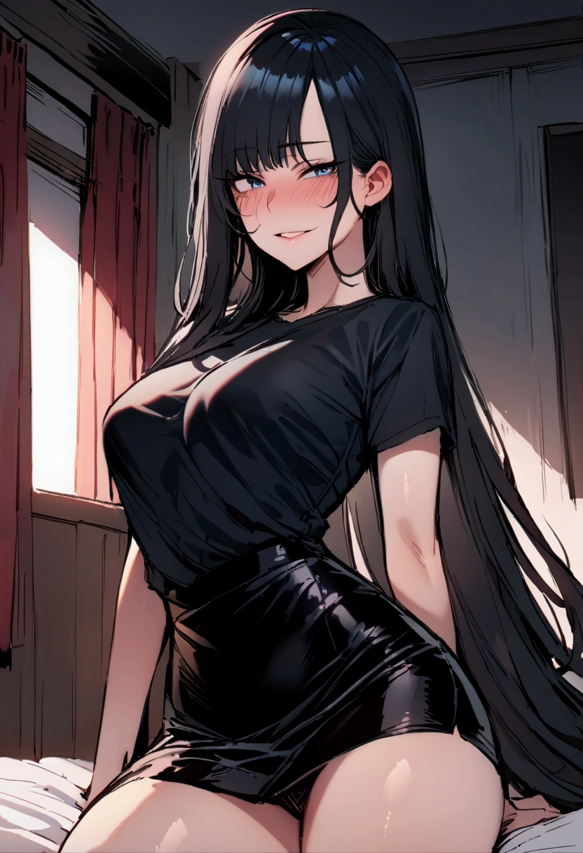 masterpiece, best quality 1girl, solo, beautiful woman, bangs, black hair, very long hair, him cut, dark blue eyes, deep blush, grin, medium breasts, black top, short black skirt, plated skirt, looking at viewer, bedroom background