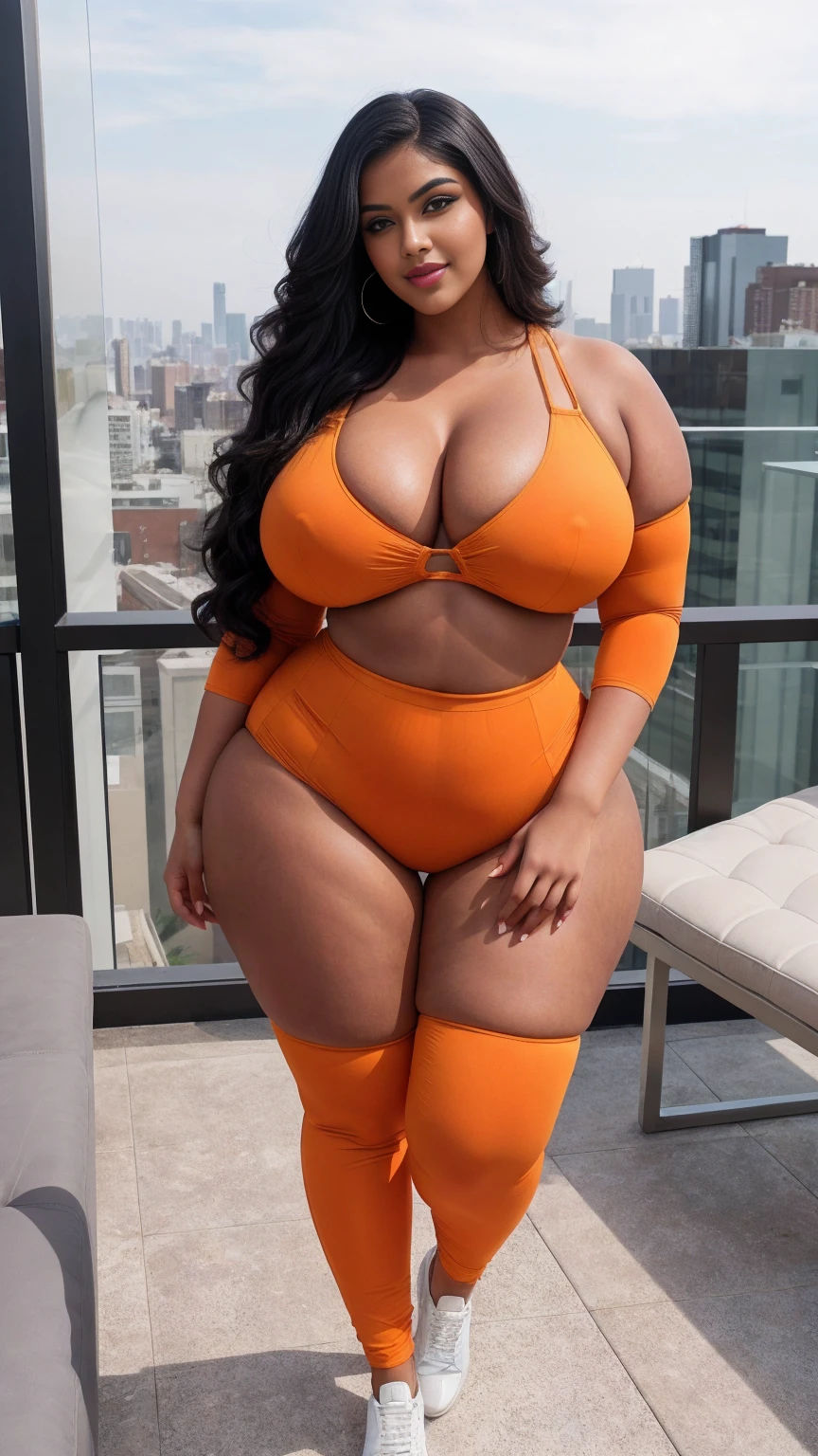 swastika mukharjee Indian beautiful woman curvy plus size hour glass bulky huge figure woman, closeup camera view, big huge m-cup breast, wearing SHEIN Young Girl Heart Pattern Urban Fashionable & Cool Jumpsuit Color: orange , covered Bust , elegant standing position, eye contact view, different style hairstyle, bright eyes, thin eyebrows, fair skin, blushing cheeks, prefect head to toe view, full body, ideal for high-fashion or editorial shoots, ultra realistic skin texture, head to toe view, full body shot, full body view, smile face, black hair, Indian face, perfect skin tone light, ultra realistic skin texture, bigger waist, busty, big hips, fleshy thighs, thick thighs, busty, full body view, Rooftop Terrace: Chic urban setting with city views.