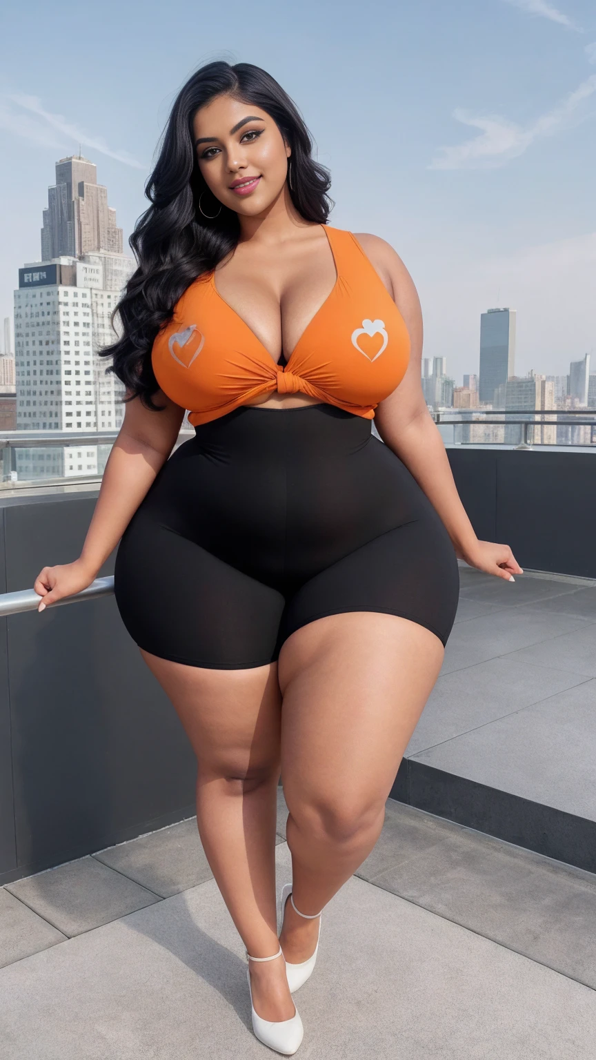 swastika mukharjee Indian beautiful woman curvy plus size hour glass bulky huge figure woman, closeup camera view, big huge m-cup breast, wearing SHEIN Young Girl Heart Pattern Urban Fashionable & Cool Jumpsuit Color: orange , covered Bust , elegant standing position, eye contact view, different style hairstyle, bright eyes, thin eyebrows, fair skin, blushing cheeks, prefect head to toe view, full body, ideal for high-fashion or editorial shoots, ultra realistic skin texture, head to toe view, full body shot, full body view, smile face, black hair, Indian face, perfect skin tone light, ultra realistic skin texture, bigger waist, busty, big hips, fleshy thighs, thick thighs, busty, full body view, Rooftop Terrace: Chic urban setting with city views.