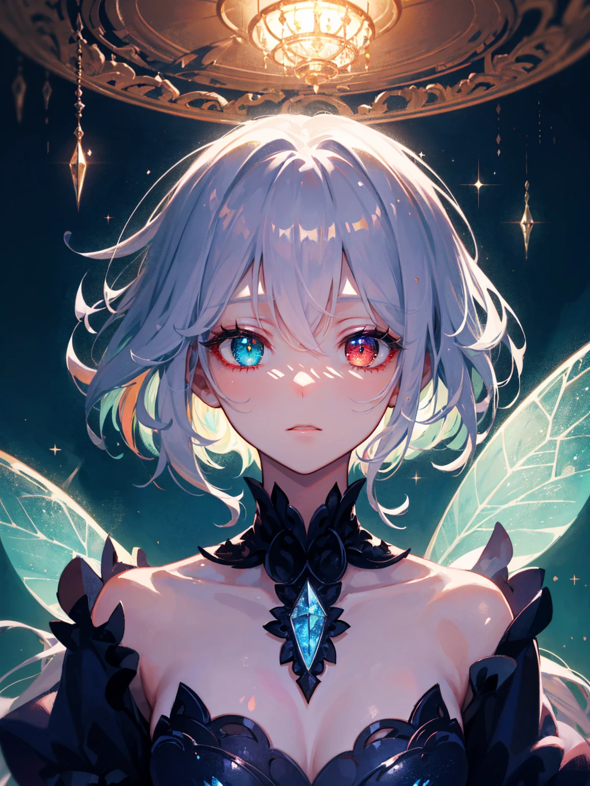 masterpiece, 1fairy, a flying female fairy, perfect face, light, glass tree forest, dramatic lighing, ultra detailed, floating glow lights, depth of field, detailed iris, sparkle eyes, enchanting red eyes, (multicolored eyes), (heterochromia), (shining dust), silky lace dress, transparent dress, laced trimmed