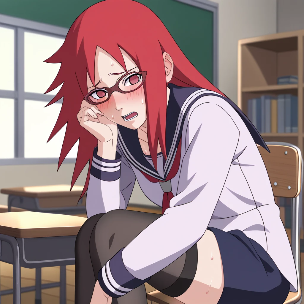 Red hair, 1 Girl, Glasses, Long hair, Red Eyes, Solitary, Sailor Suit, Black over-the-knee stockings, Black shorts, Umbilical cord, Looking at the audience，No students, Japanese cartoons screencap, Japanese cartoons coloring,src_Japanese cartoons,Naruto \(series\), Naruto shippuuden,（（blush，nervous，Vision，classroom，bookshelf，sit on the chair，））masterpiece， absurd ， （Intricate details）， （Colorful）， light， Extremely detailed CG Unity 8k wallpaper ，1 Girl， solo，（shy，classroom，night，blush，nervous，Sweating，蕾丝dress， ），sweat，blush，blush1.5，Blush，Medium chest，（（dress，Black stockings，）），（dress，Lying in bed，Uncomfortable expression，Mouth open，spit）