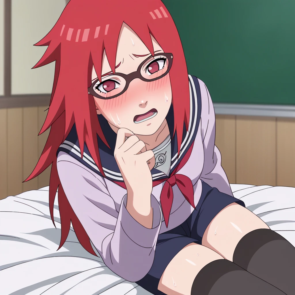 Red hair, 1 Girl, Glasses, Long hair, Red Eyes, Solitary, Sailor Suit, Black over-the-knee stockings, Black shorts, Umbilical cord, Looking at the audience,No students, Japanese cartoons screencap, Japanese cartoons coloring,src_Japanese cartoons,Naruto \(series\), Naruto shippuuden,((blush,nervous,Vision,classroom,bookshelf,sit on the chair,))masterpiece, absurd , (Intricate details), (Colorful), light, Extremely detailed CG Unity 8k wallpaper ,1 Girl, solo,(shy,classroom,night,blush,nervous,Sweating,蕾丝dress, ),sweat,blush,blush1.5,Blush,Medium chest,((dress,Black stockings,)),(dress,Lying in bed,Uncomfortable expression,Mouth open,spit)