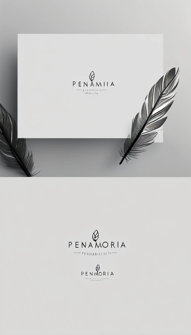 A minimal, modern, simple, cinematic logo design for the brand “Penamemoria". Create a modern, minimalistic, high-quality, white logo of a simple, fantastic, hipnotic, dreamy, artistic feather that symbolizes dreams, stories and memories