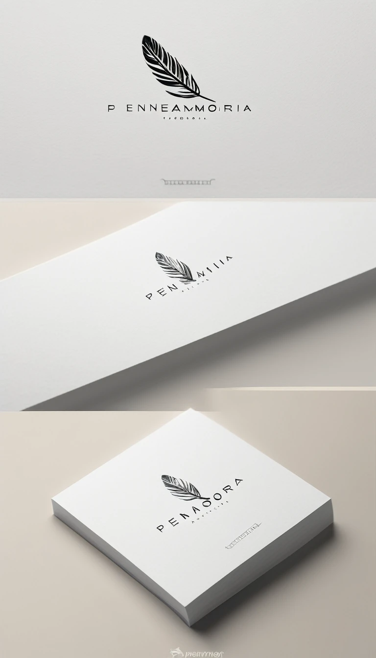 A minimal, modern, simple, cinematic logo design for the brand “Penamemoria". Create a modern, minimalistic, high-quality, white logo of a simple, fantastic, hipnotic, dreamy, artistic feather that symbolizes dreams, stories and memories