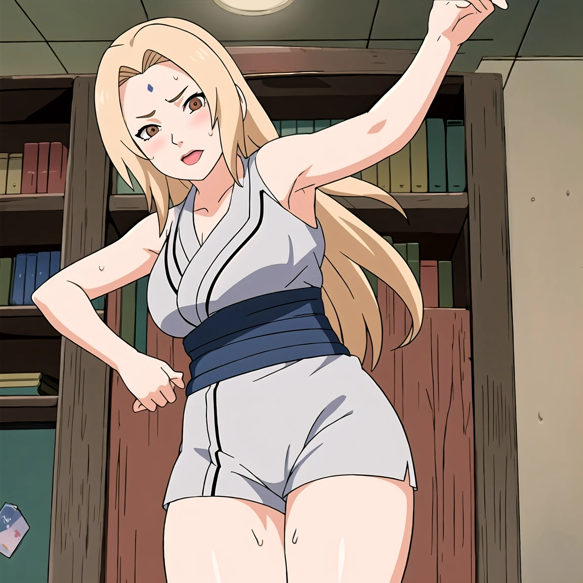 Tsunade , Brown eyes , Blonde Hair , Forehead Mark , (8K, RAW photos, best quality, masterpiece:1.2), (Intricate details), Perfect eyes, Perfect face, Perfect lighting, beautiful, (masterpiece:1.2), (best quality:1.2), 1 Girl, White shirt , Denim shorts , ,aldult,25 years old,(Vision(blush,nervous,Vision,classroom,bookshelf,Standing,))masterpiece, absurd , (Intricate details), (Colorful), light, Extremely detailed CG Unity 8k wallpaper ,1 Girl, solo,(shy,classroom,night,blush,nervous,Sweating,蕾丝dress, ),sweat,blush,blush1.5,Blush,Medium chest,((dress,Black stockings,)),(dress,Standing,Uncomfortable expression,Mouth open,library,Stick out your tongue,)