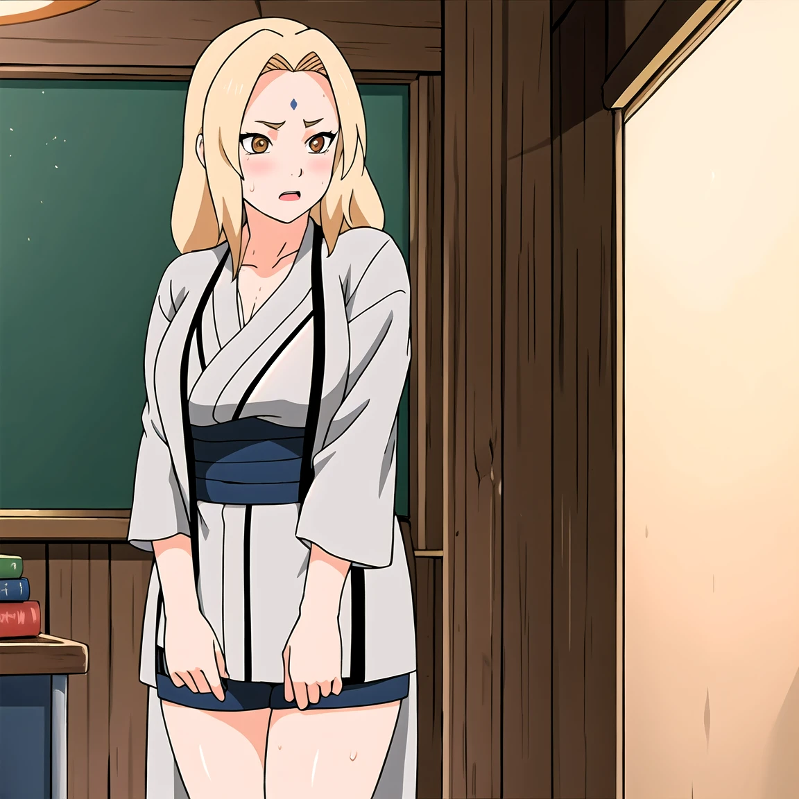 Tsunade , Brown eyes , Blonde Hair , Forehead Mark , (8K, RAW photos, best quality, masterpiece:1.2), (Intricate details), Perfect eyes, Perfect face, Perfect lighting, beautiful, (masterpiece:1.2), (best quality:1.2), 1 Girl, White shirt , Denim shorts ,  ,aldult，25 years old，（Vision（blush，nervous，Vision，classroom，bookshelf，Standing，））masterpiece， absurd ， （Intricate details）， （Colorful）， light， Extremely detailed CG Unity 8k wallpaper ，1 Girl， solo，（shy，classroom，night，blush，nervous，Sweating，蕾丝dress， ），sweat，blush，blush1.5，Blush，Medium chest，（（dress，Black stockings，）），（dress，Standing，Uncomfortable expression，Mouth open，library，Stick out your tongue，）