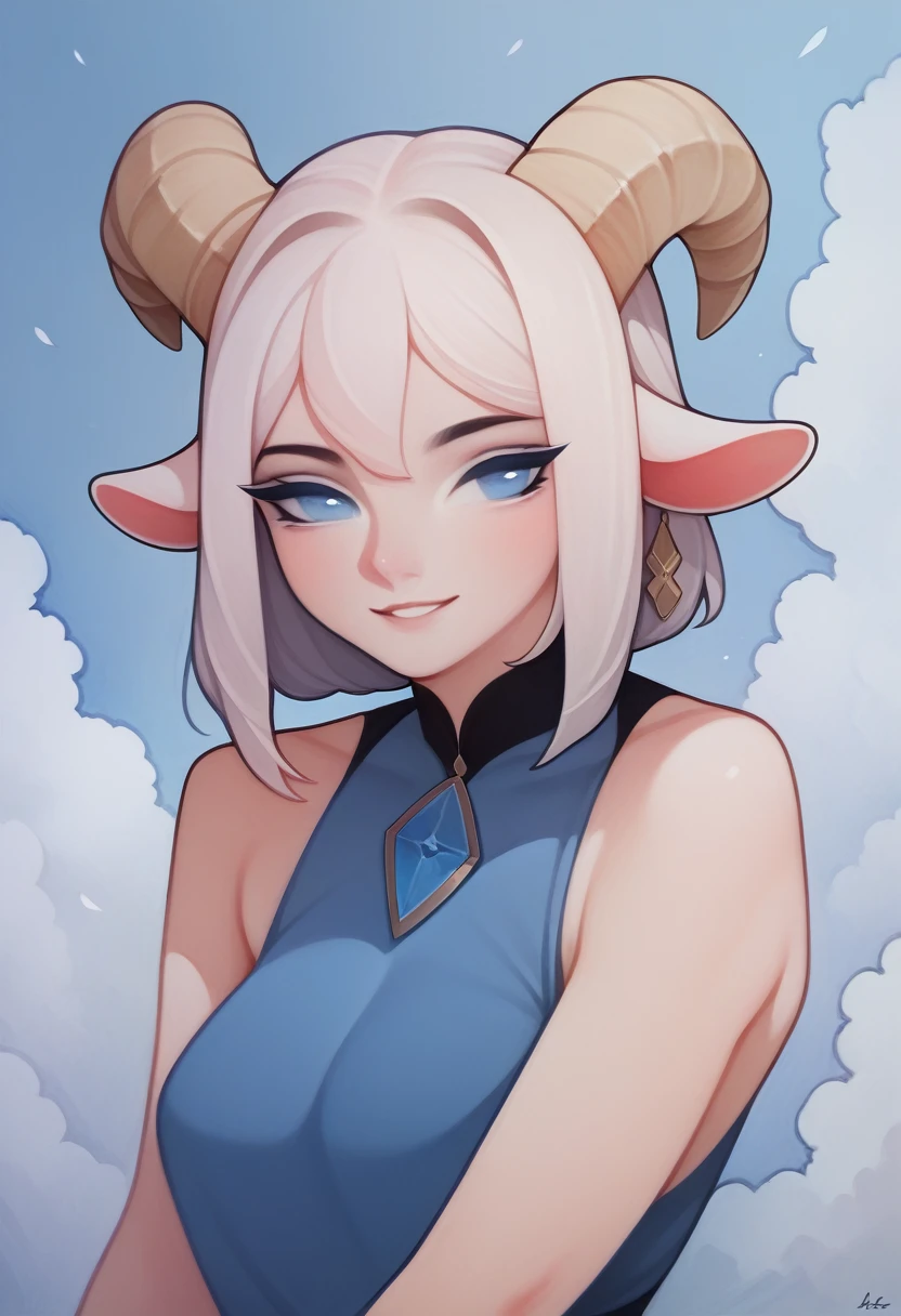 solo, 1girl, white hair, blue eyes, goat horns, 
sitting, looking at viewer, light smile, upper body, 
masterpiece, best quality, very aesthetic, absurdres, wlsdnjs950, 
