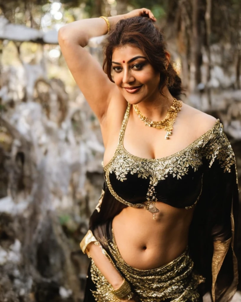 Create an extremely sexy portrait photo of celebrity, woman, a 40-year-old hot MILF, celebrity actress. This photorealistic upper body portrait should feature Nayanthara as a curvy, busty woman with swooping breasts and deep cleavage. She has extremely sexy dark juicie armpits , Her  figure is emphasized, with her arms open to reveal sexy armpits. She wears a necklace and is situated beside a temple in a forest, stripping off a shiny black mini-wear outfit. Her hair is styled in a ponytail. The image should showcase an insanely detailed, realistic skin texture, capturing every nuance of her allure.