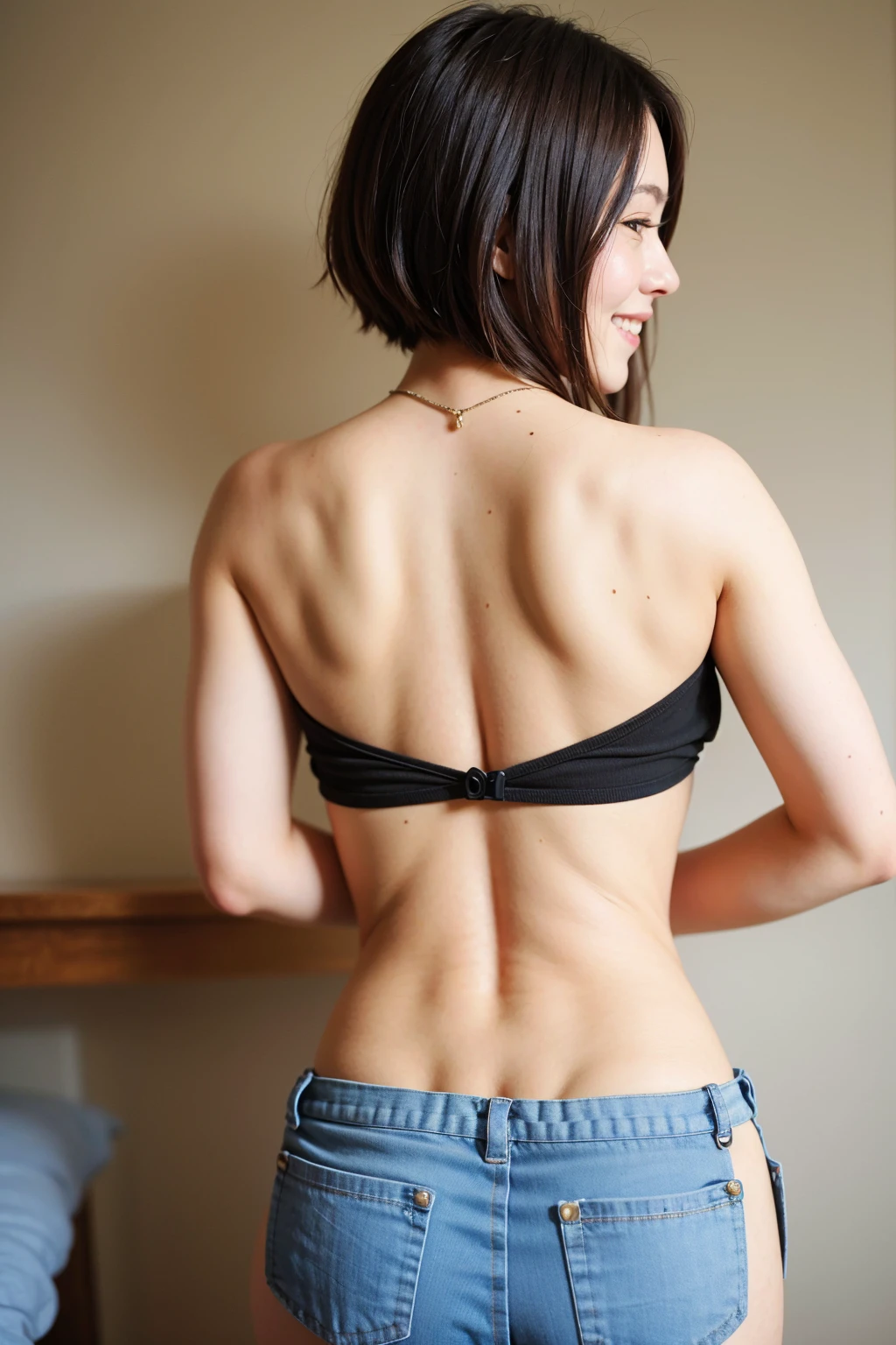 Top quality, 1 beautiful woman, super short Hair, wearing tanktop, shy-smile, back pose