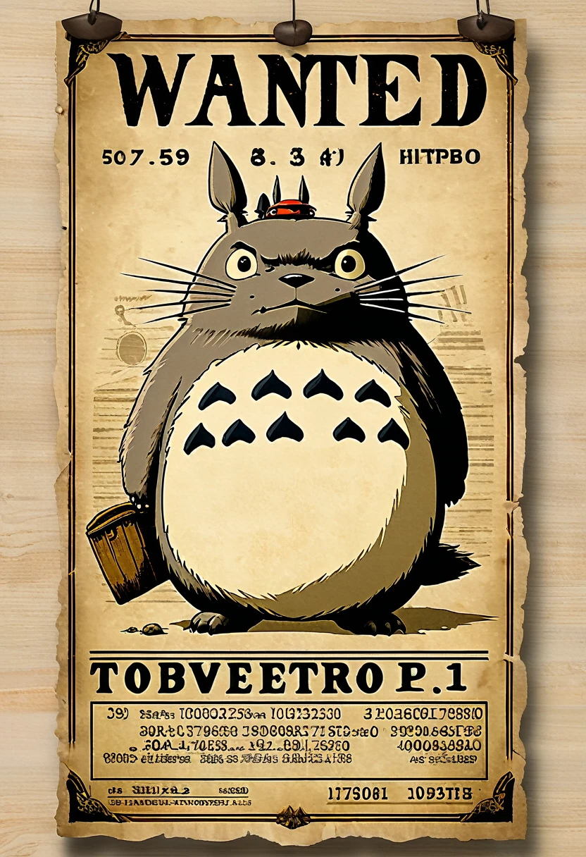 A wanted poster featuring Totoro from Studio Ghibli, with a detailed sketch of Totoro in the center. The poster is old and worn, with the words "WANTED" at the top in large, bold letters, and a reward amount at the bottom. The background has a rustic, parchment-like texture.
