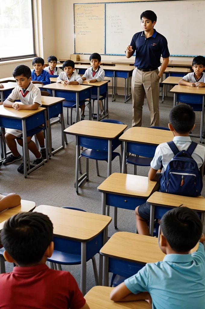 A boy teaching students