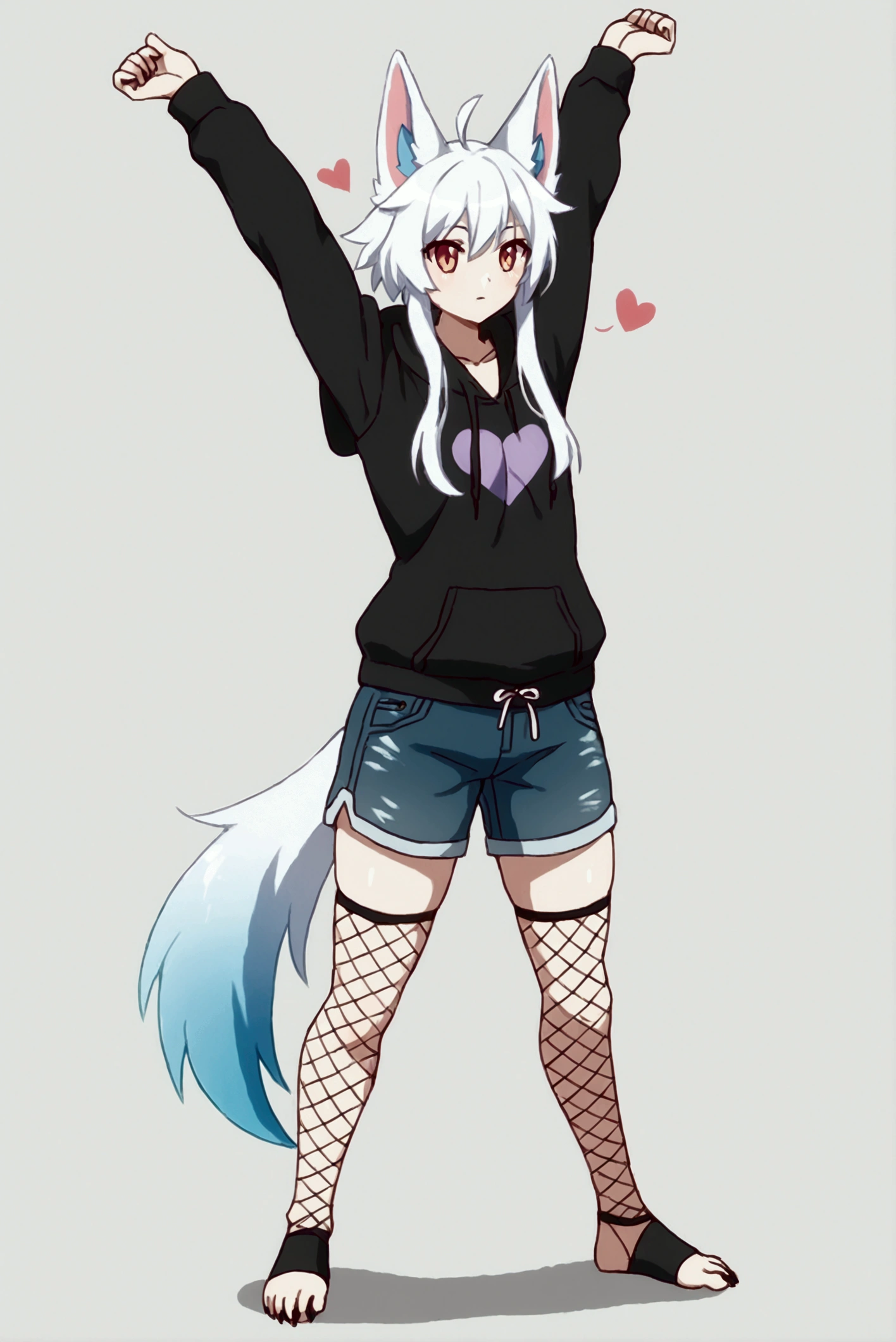 a cute adult male with wolf ears, long white hair, long locks, has a wolf tail, wearing a loose cropped black hoodie, wearing a pair of denim short shorts and fishnet stockings, thick thighs, wide hips, relaxing on mound of fluffy multi colored plushies, short, very slim, showing slender tummy, heart on hoodie, squishy thighs, has glowing blue eyes. alone, solo (ALONE)(SOLO), surrounded by rainbows, colorful galaxy backround, stretching