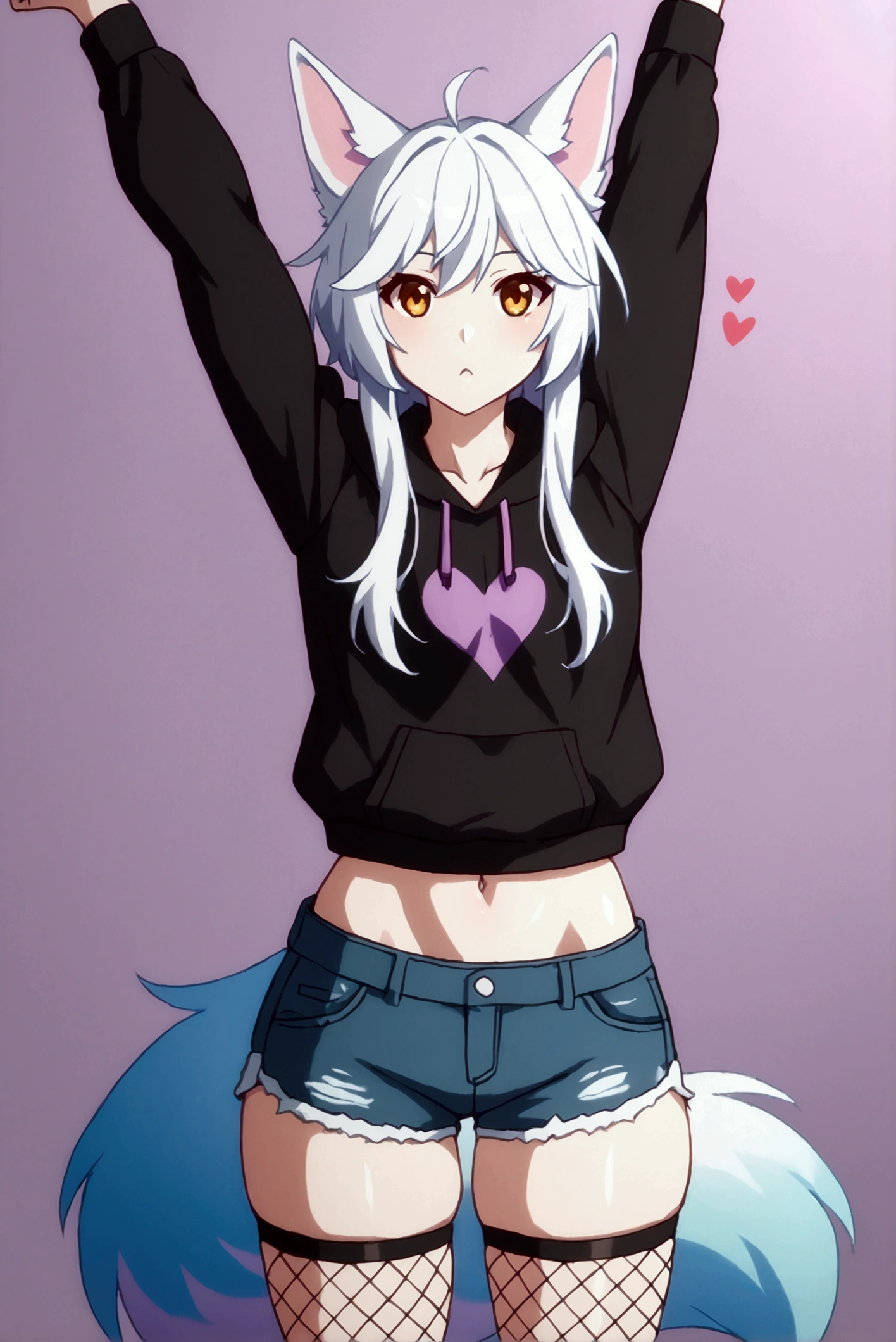 a cute adult male with wolf ears, long white hair, long locks, has a wolf tail, wearing a loose cropped black hoodie, wearing a pair of denim short shorts and fishnet stockings, thick thighs, wide hips, relaxing on mound of fluffy multi colored plushies, short, very slim, showing slender tummy, heart on hoodie, squishy thighs, has glowing blue eyes. alone, solo (ALONE)(SOLO), surrounded by rainbows, colorful galaxy backround, stretching