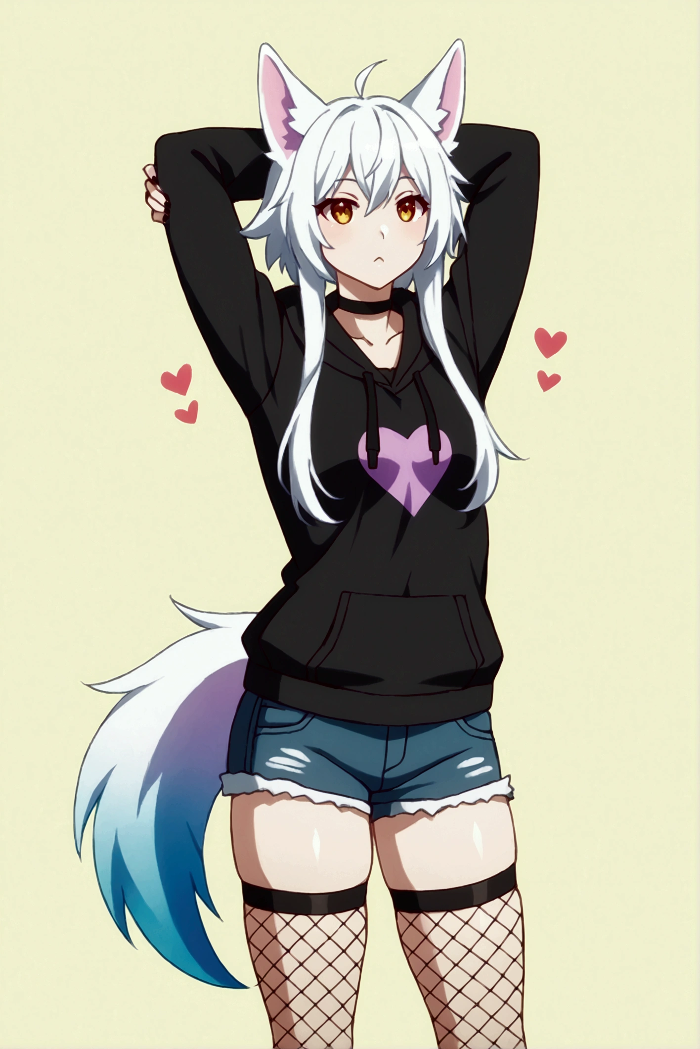 a cute adult male with wolf ears, long white hair, long locks, has a wolf tail, wearing a loose cropped black hoodie, wearing a pair of denim short shorts and fishnet stockings, thick thighs, wide hips, relaxing on mound of fluffy multi colored plushies, short, very slim, showing slender tummy, heart on hoodie, squishy thighs, has glowing blue eyes. alone, solo (ALONE)(SOLO), surrounded by rainbows, colorful galaxy backround, stretching