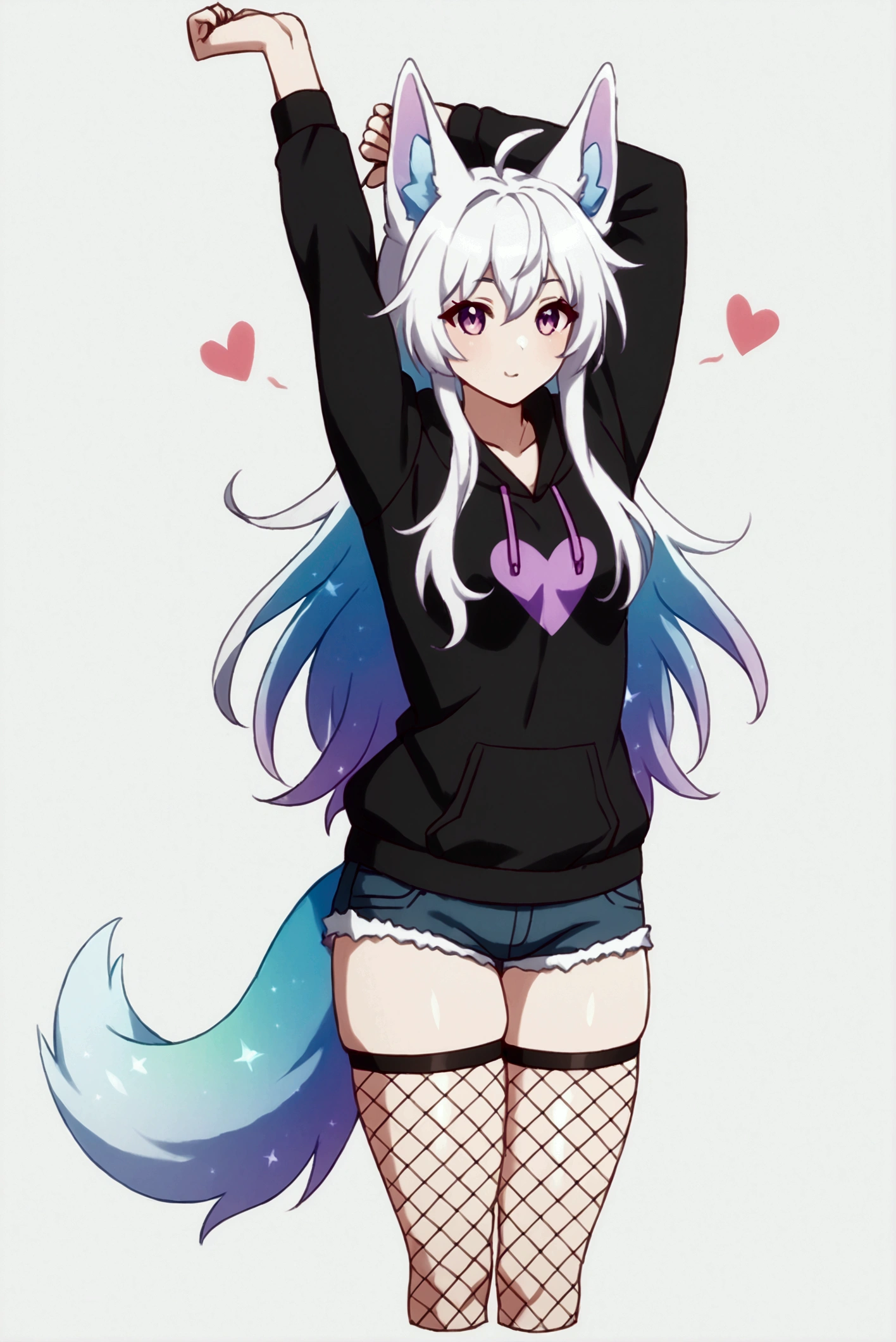 a cute adult male with wolf ears, long white hair, long locks, has a wolf tail, wearing a loose cropped black hoodie, wearing a pair of denim short shorts and fishnet stockings, thick thighs, wide hips, relaxing on mound of fluffy multi colored plushies, short, very slim, showing slender tummy, heart on hoodie, squishy thighs, has glowing blue eyes. alone, solo (ALONE)(SOLO), surrounded by rainbows, colorful galaxy backround, stretching