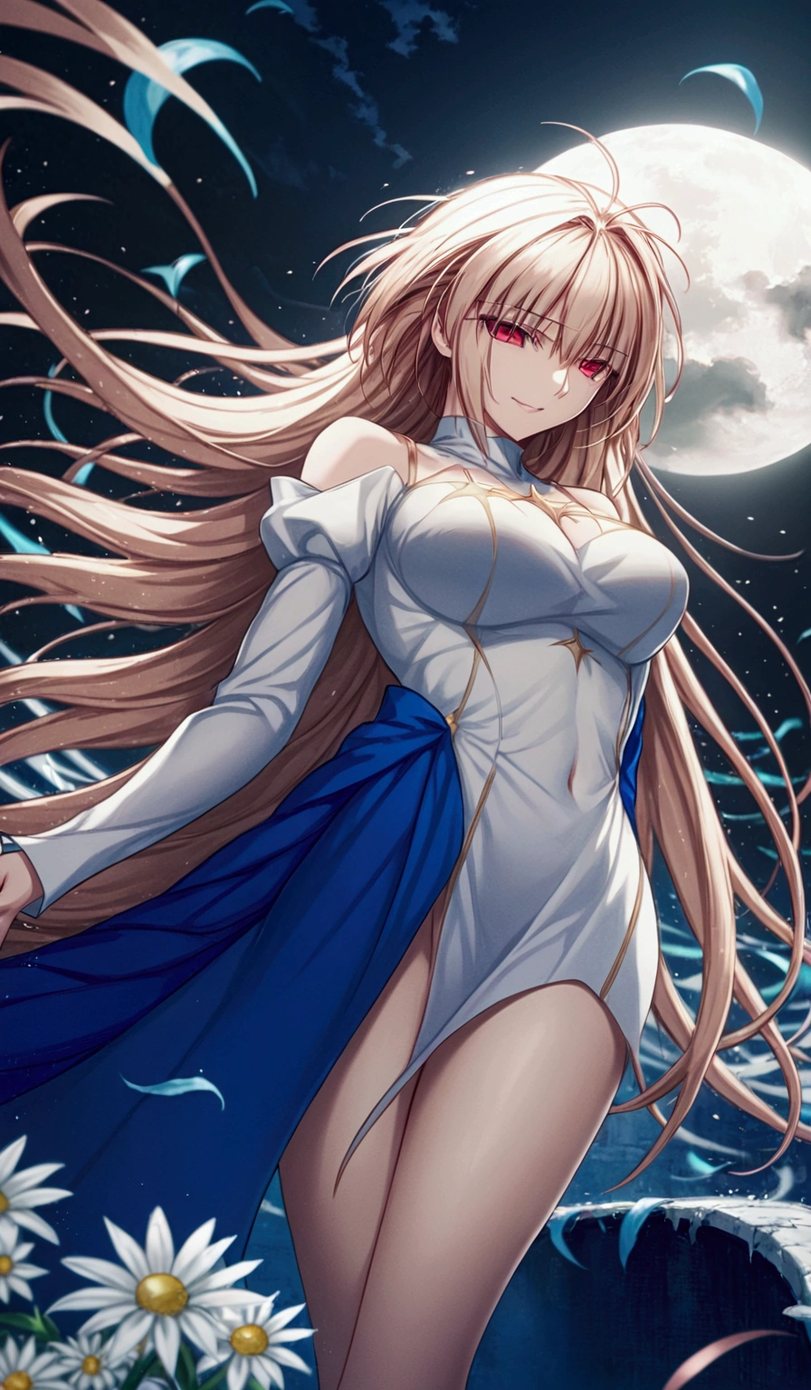 1girl, arcueid brunestud, red eyes, blonde hair, solo, breasts, evil smile, arcueid