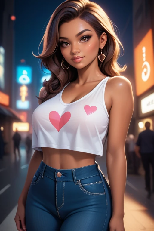 Tall hispanic woman with expressive hazel eyes and long wavy dark brown hair; warm olive skin; hourglass build; ("heart-shaped-face" with full lips); ample bosom; best quality; trending on artstation; dark room with complex volumetric lighting; strong shadows; artistic lighting; dynamic; energetic vibe; realistic skin; specular highlights; micro-textures; highly detailed hair;  on an outdoor asphalt court, surrounded by urban sprawl with lots of highrise buildings