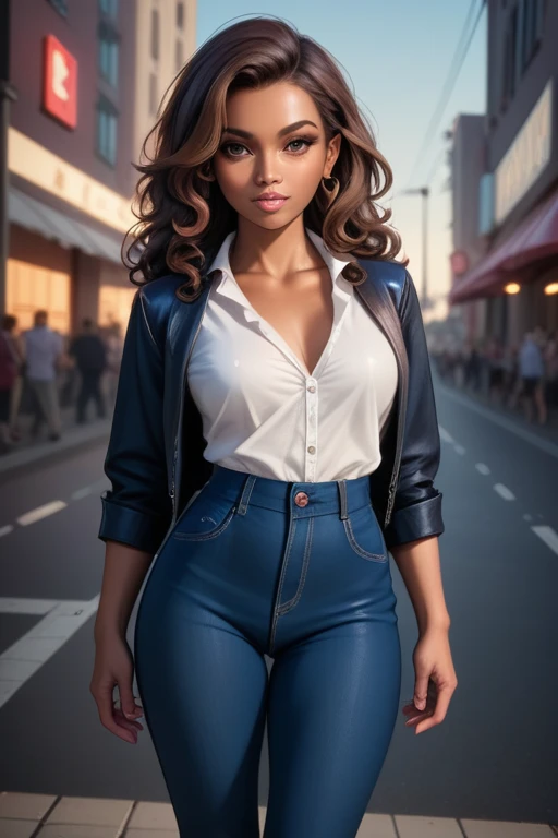 Tall hispanic woman with expressive hazel eyes and long wavy dark brown hair; warm olive skin; hourglass build; ("heart-shaped-face" with full lips); ample bosom; best quality; trending on artstation; dark room with complex volumetric lighting; strong shadows; artistic lighting; dynamic; energetic vibe; realistic skin; specular highlights; micro-textures; highly detailed hair; on an outdoor asphalt court, surrounded by urban sprawl with lots of highrise buildings