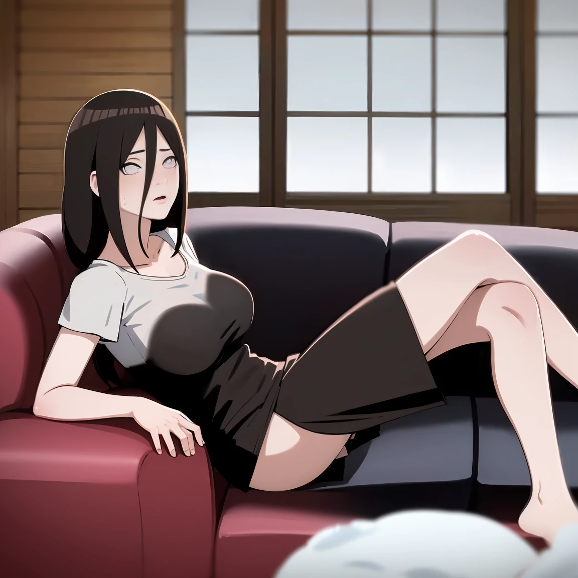 masterpiece, Very detailed, best quality, Ultra-high resolution, 1 Girl, Solitary, (Snow outside the window,exist(bamboo basket)by the fire,Sweating,blush),(中等breast), breast, (Hana and Hinata:1), (White T-shirt,Short skirt,sofa,), cleveage, From the front,sit,existsofa上,black eyes,White eyes,((living room,))