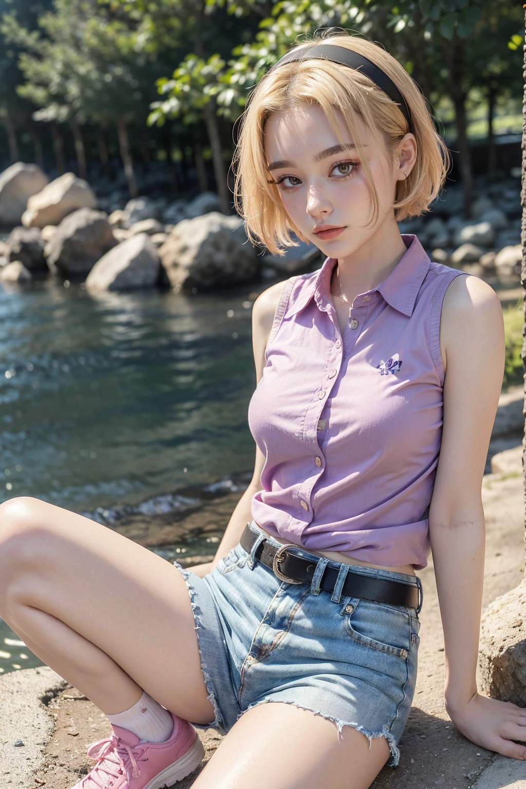 1girl ((30 years old woman)), tarankaaa, NOT DASHA TARAN, standing position, perfect body, best quality, 32k, photograph, full body (head to toe), tone mapping, ((houjou satoko,short hair,black hairband,blonde hair,violet eyes,hair between eyes,collared shirt,sleeveless shirt,pink shirt,shirt tucked in,small breasts,belt,short shorts,blue shorts,white socks,pink footwear, athletic, big girl)), asian-european, ((golden blonde hair, short hair, purple eyes)) perfectly drawn hands, ((masterpiece)), ((highres)), ((detailed background)), japanese village background, next to a river, (big proportions), cute pose, smiling, ((perfect eyes, detailed eyes, realistic eyes)), ((sharp face, detailed face, realistic face, natural skin, realistic skin, detailed skin, pores)),