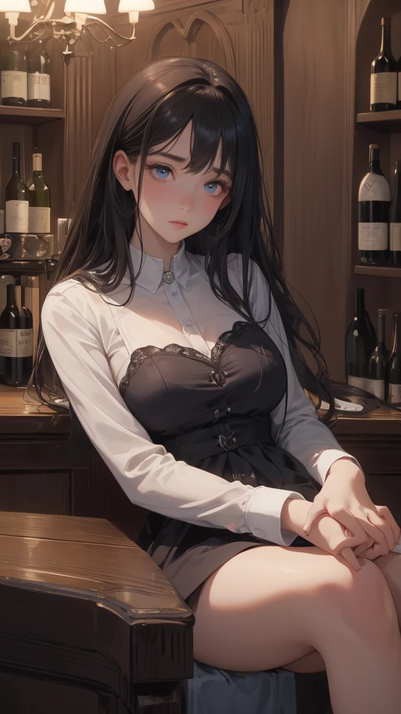 Beautiful girl, rosto angelical, face detailed ( extremely sad expression), (melancholic), holding a glass of wine, sitting at the counter of a wine cellar, blue eye, dark hair, work of art, ((ultra detaild)), ((4K)),, having a drink