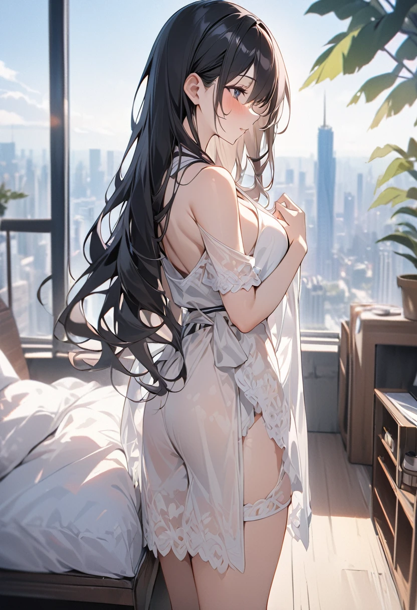 Profile of a cute and beautiful woman with long hair、Summer outfit、Eye-catching beauty、With a blurred cityscape in the background、Photographic high-resolution 8K image quality、Masterpiece、AI’s masterpiece、With the same subject