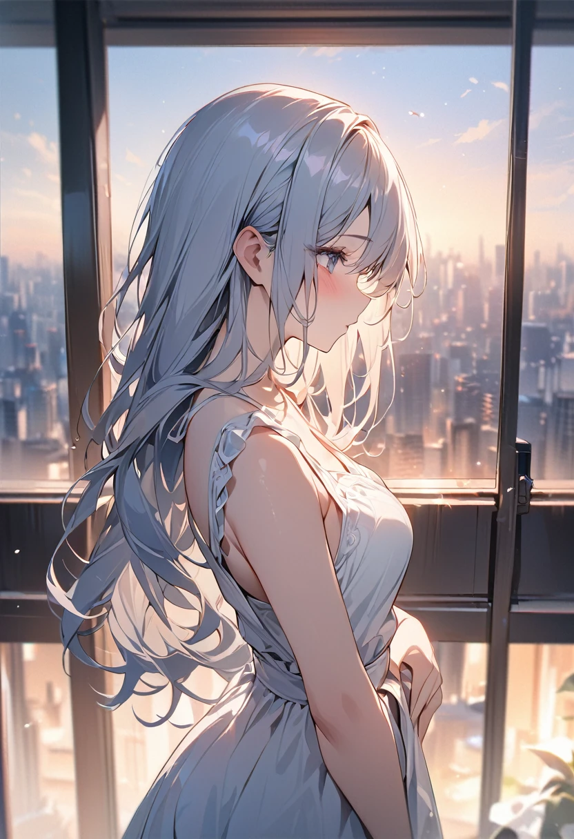 Profile of a cute and beautiful woman with long hair、Summer outfit、Eye-catching beauty、With a blurred cityscape in the background、Photographic high-resolution 8K image quality、Masterpiece、AI’s masterpiece、With the same subject
