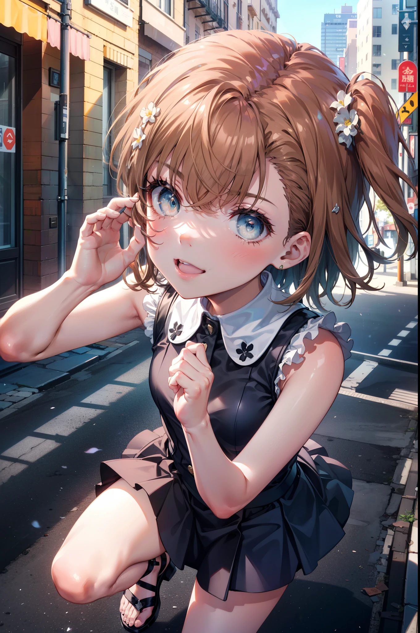 Mycotrose, Brown eyes,Brown Hair,short hair,One side up,Small breasts,Flower Hair Ornaments,happy smile, smile, Open your mouth,Sleeveless dress,Long skirt,Heeled Sandals,Walking,whole bodyがイラストに入るように,　　　　　　　　　　　　　　　　　 　　　break looking at viewer, whole body,　　　 　　　　　　break outdoors, Coastal street with buildings,　　　　　　　　　　　　　　　　　　break (masterpiece:1.2), Highest quality, High resolution, unity 8k wallpaper, (shape:0.8), (Beautiful and beautiful eyes:1.6), Highly detailed face, Perfect lighting, Extremely detailed CG, (Perfect hands, Perfect Anatomy),