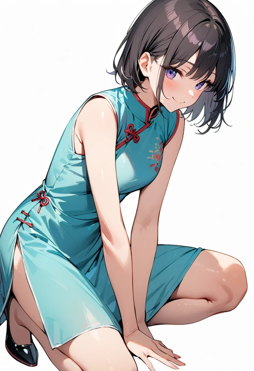 (masterpiece:1.2),Highest quality,Pixiv ,One girl,alone,View your viewers,,smile,White background only,whole body,From the side,One knee,,Look to the side、white background only、黒 cheongsam dress、No sleeve、Short length and deep slits、Rolled up dress hem、No background