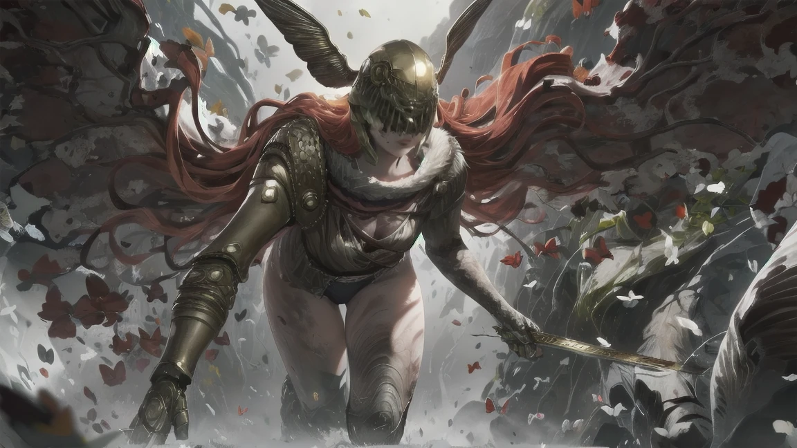 1 girl, ultra sharp image, portrait of a girl, Gothic style, fantasy, beautiful figure, beautiful, full length (full body 1.1.), battlefield, swords stuck into the ground in the background, Red sunset, slender legs, buttocks, slender legs, Wasp waist, sexy, fighting pose, fighting stance, only,helmet,light-skinned Женский, One, long curved sword in hand