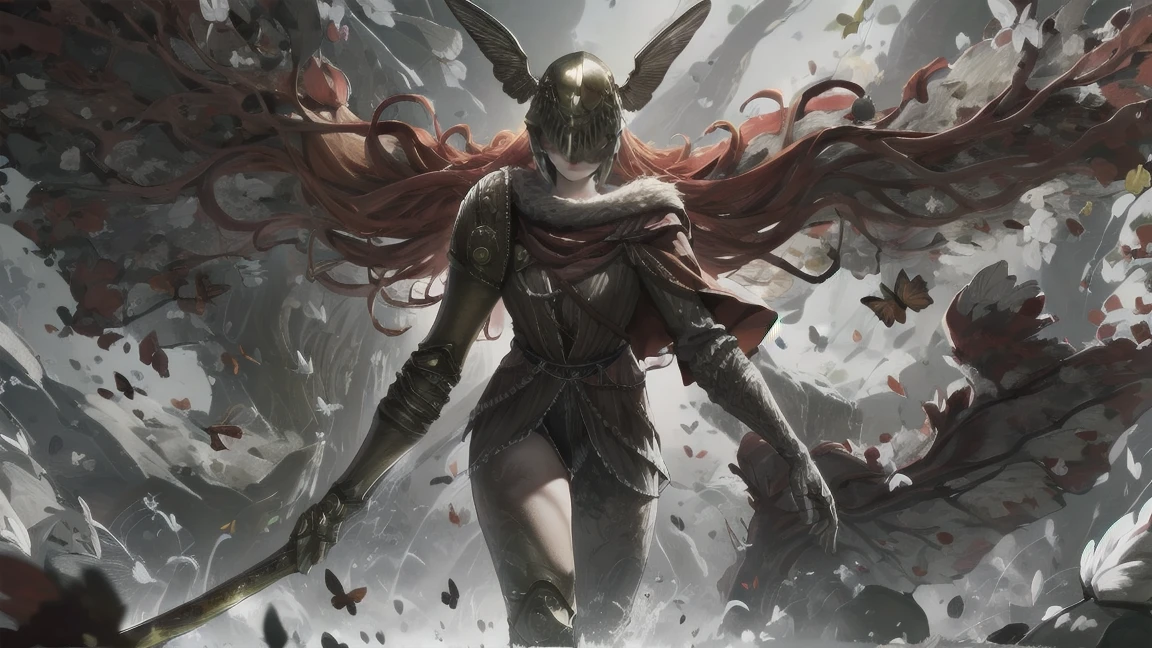 1 girl, ultra sharp image, portrait of a girl, Gothic style, fantasy, beautiful figure, beautiful, full length (full body 1.1.), battlefield, swords stuck into the ground in the background, Red sunset, slender legs, buttocks, slender legs, Wasp waist, sexy, fighting pose, fighting stance, only,helmet,light-skinned Женский, One, long curved sword in hand