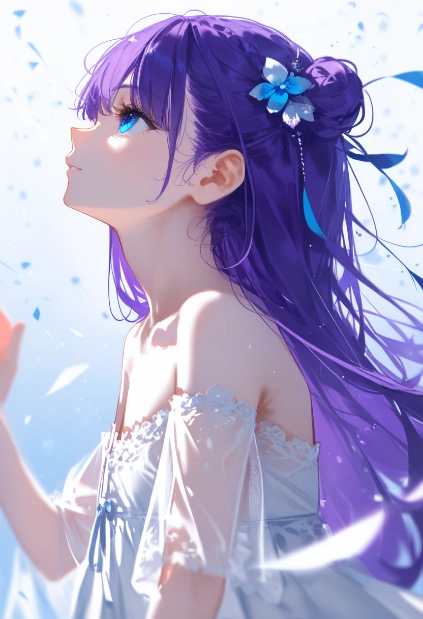 score_9, score_8_up, score_7_up, source_anime,
1girl, solo, blue eyes, long hair, dress, looking up, white dress, bare shoulders, hair ornament, purple hair, collarbone, arm up, from side, profile, see-through, blurry, depth of field, light particles,