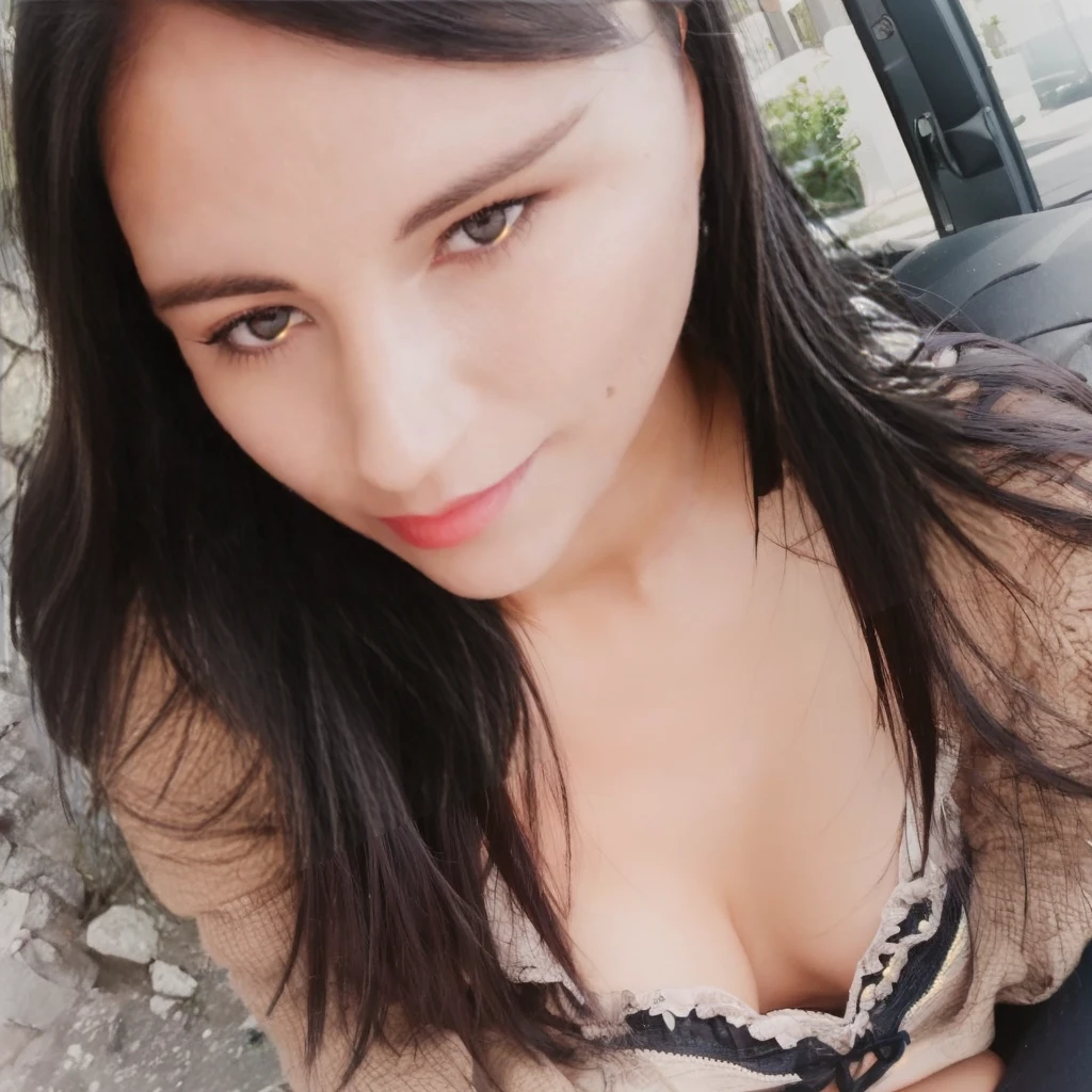 a woman sitting on a bench, holding a cellphone, taking a selfie