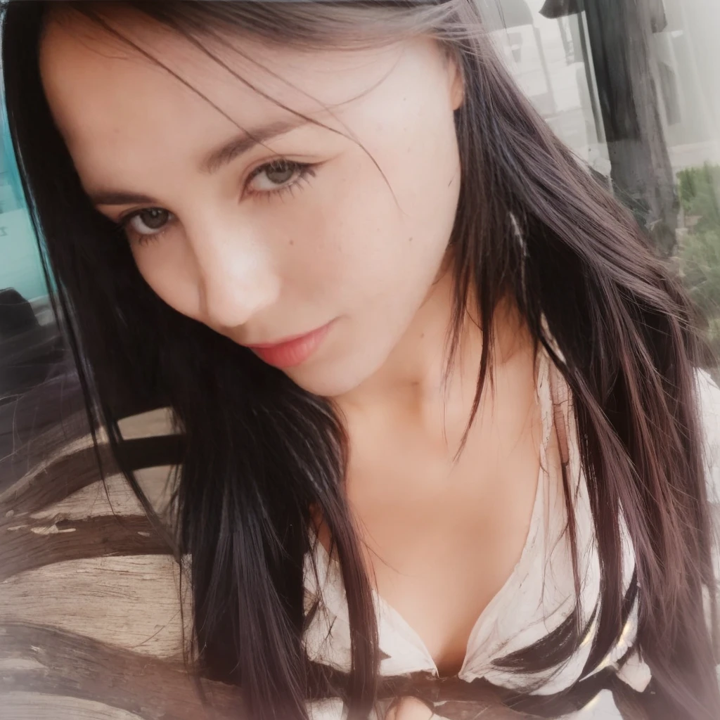 a woman sitting on a bench, holding a cellphone, taking a selfie