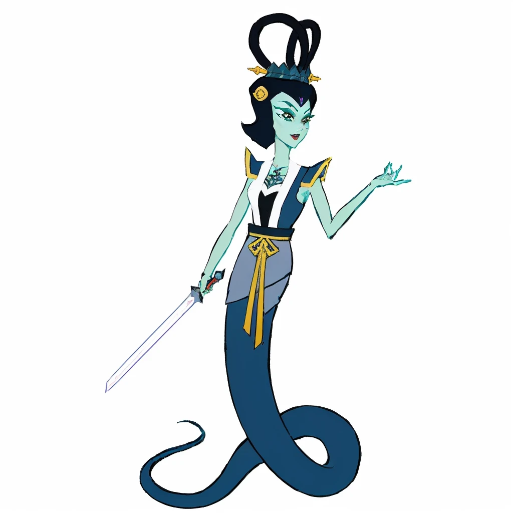 a close up of a cartoon character with a sword in her hand, female disney villain, brittney lee, serpentine pose, katana zero video game character, ursula the sea witch, asian female water elemental, snake woman hybrid, evil godess, mermaid cyborg with a laser whip, queen of snakes, queen of the sea mu yanling