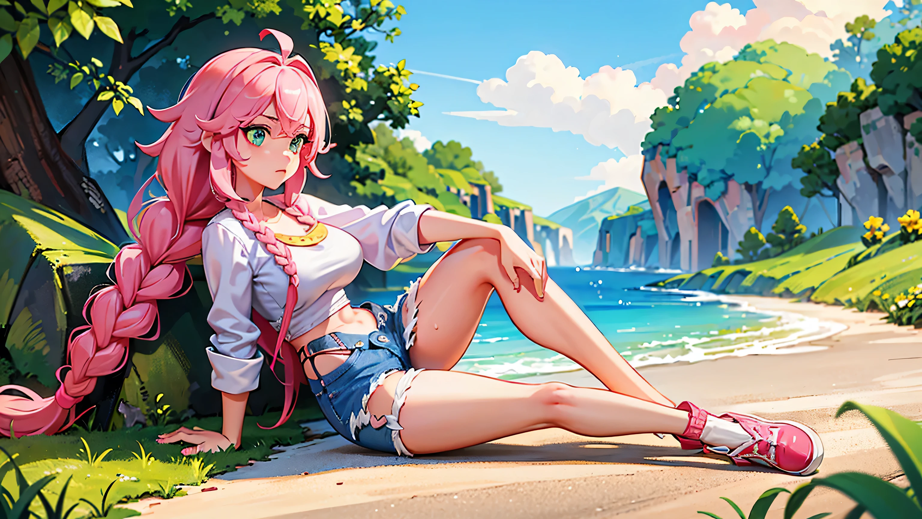 （（best qualityer，8k，Masterpiece artwork：1.4））， pink  hair，Long braid on one side， exteriors， Pure white one word bandeau underwear，large peeled Hindi，sweaty legs，Tight and ripped denim shorts， greeneyes