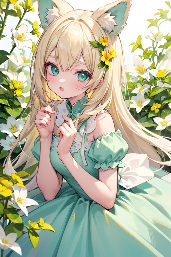 1girl, animal ears, pale blonde hair, ash blonde hair, minty green dress, yellow flowers, mint green flowers, white flowers, blossoms, cute, fun pose, extremely detailed, photorealistic, 8k, high quality, masterpiece, studio lighting, vibrant colors, professional digital art, 1girl, animal ears, pale blonde, ash blonde, minty green, color palette: (yellow, mint, white), flowers, blossoms, cute, extremely detailed, fun pose