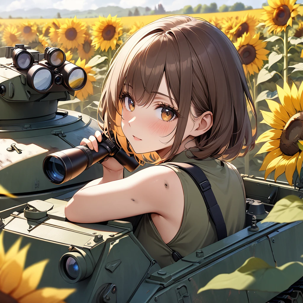 A girl tank soldier is searching for enemies from the tank turret.The tank is the Type 4 tank used by the former German army.The tank has a lot of mud stains and scratches,The girl has short brown hair Dressed as a tank crew member and holding binoculars, an incident that took place in a peaceful village surrounded by sunflower fields,One The hare is beside the girl,High quality, high quality, masterpiece, best quality,4k, 8k,Ultra detail,Vivid colors,