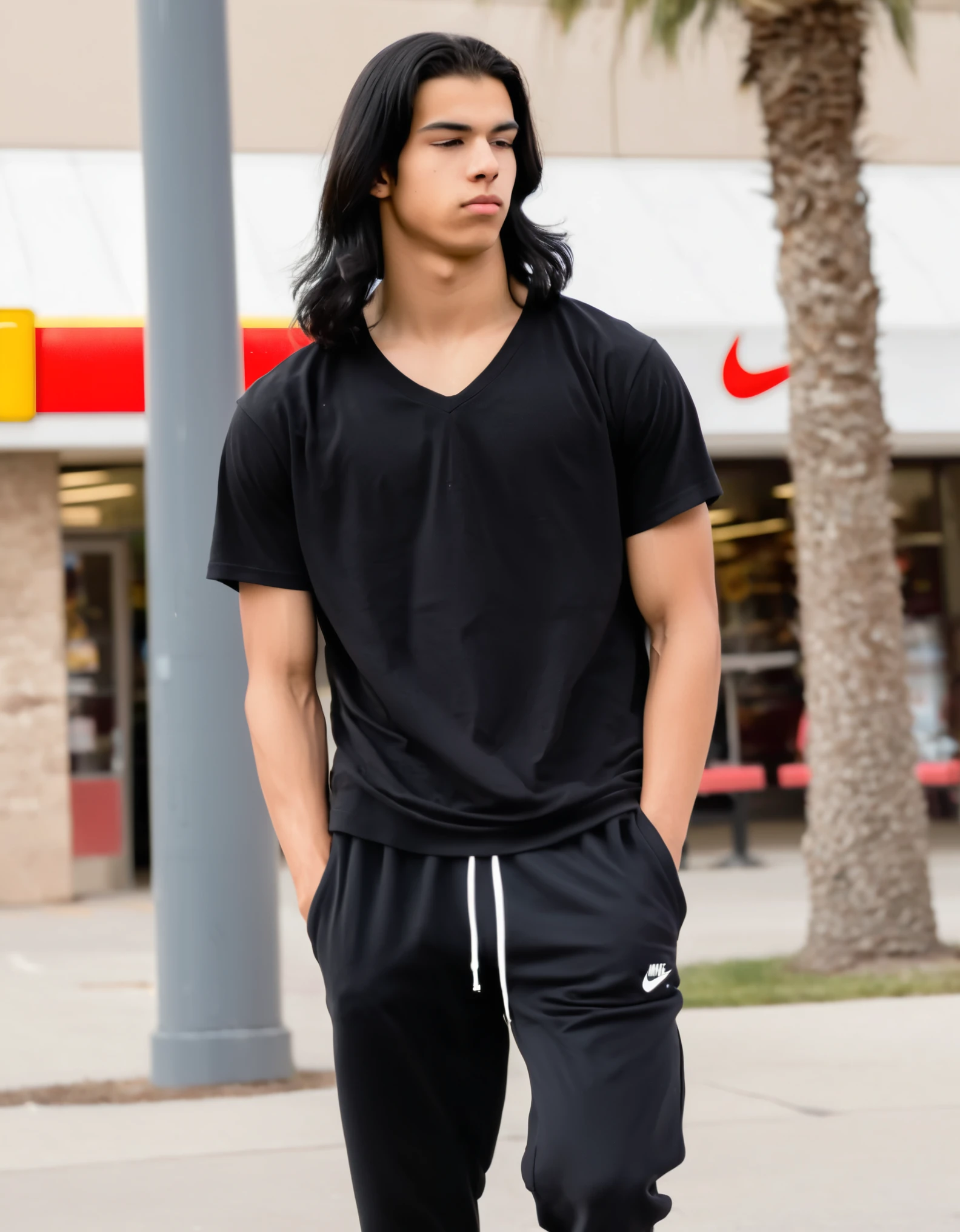  middle eastern male with shoulder length black long black hair, tan skin, black v-neck tshirt, black long joggers, white nike air force shoes, muscular build, holding, outside of Mcdonalds, thin eyebrows,