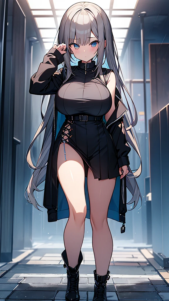 Full body image, フロント, One girl, 18-year-old, Mix 4, (32k, RAW Photos, Highest quality, masterpiece:1.2), (Anime-like, photoAnime-like:1.37), cute, ミニスカートのドレス, night, rain, Humidity, Professional Lighting, Photon Mapping, Radio City, Physically Based Rendering, Super Resolution, (Big Breasts:1.2), {{The biological weapon that had preyed on the younger sister took her place and reunited with the older brother.}}, Girl Skull, whole body, NSFW