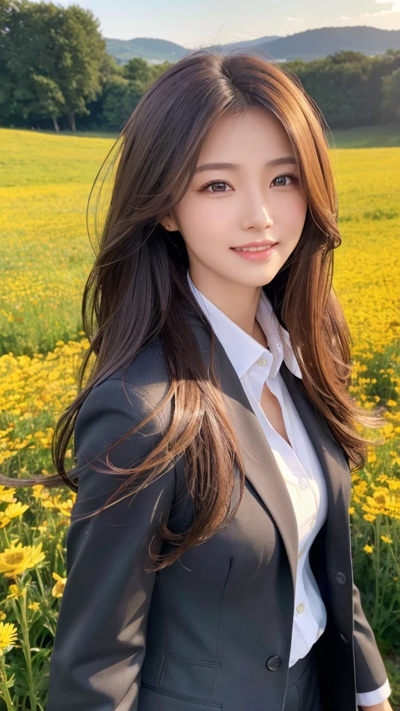 highest quality、genuine、Super detailed、finely、High resolution、8k wallpaper、one beautiful woman、、、light brown disheveled hair、wearing a business suit、sharp focus、perfect dynamic composition、beautiful and detailed eyes、thin hair、Detailed genuine skin texture、smile、model body shape、In a windswept meadow