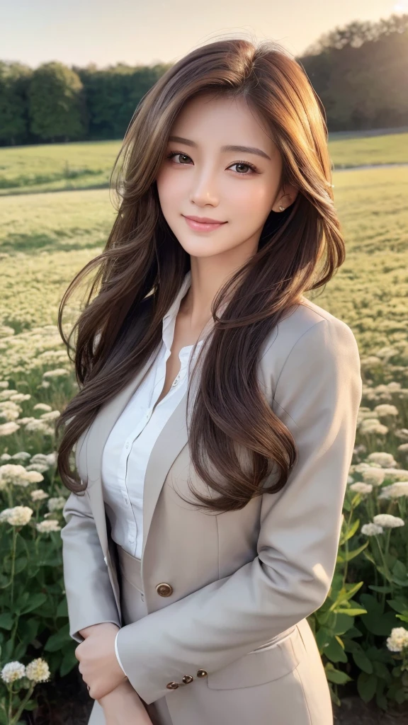 highest quality、genuine、Super detailed、finely、High resolution、8k wallpaper、one beautiful woman、、、light brown disheveled hair、wearing a business suit、sharp focus、perfect dynamic composition、beautiful and detailed eyes、thin hair、Detailed genuine skin texture、smile、model body shape、In a windswept meadow