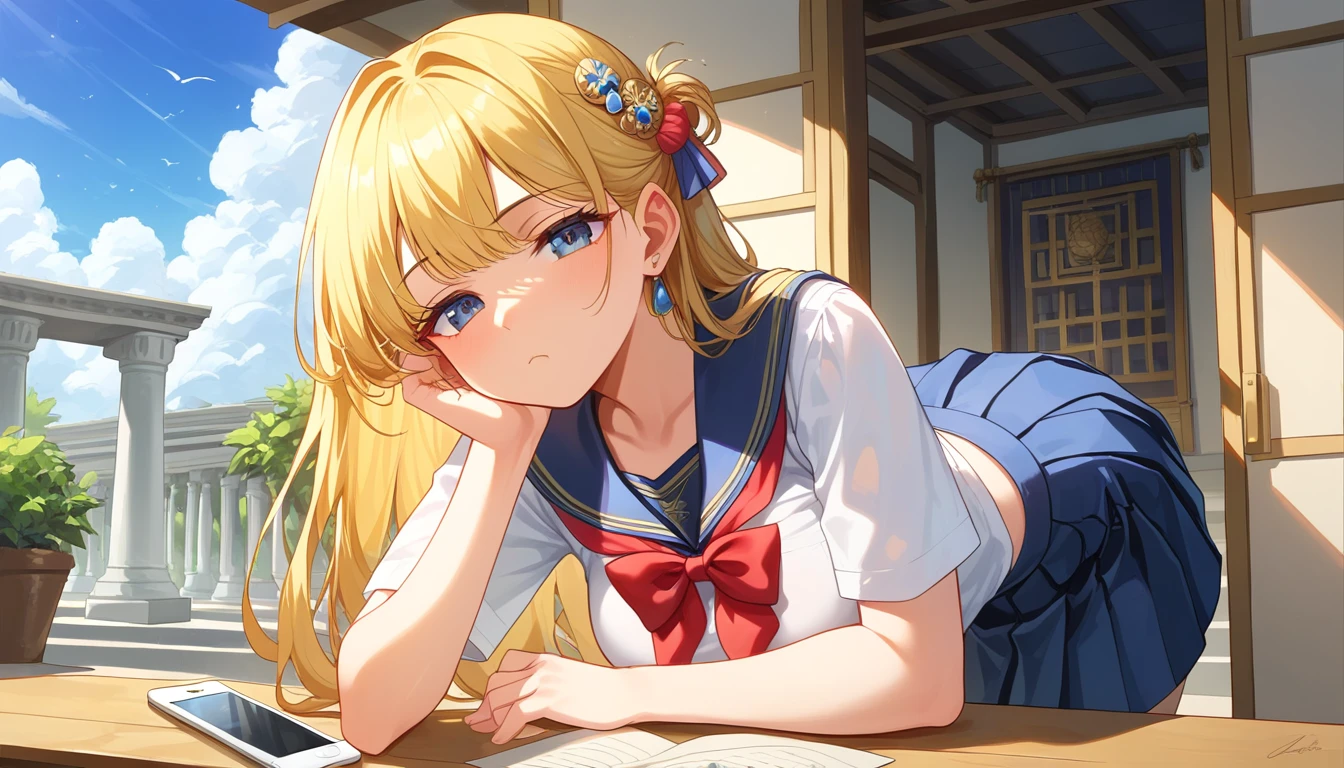 ((1girls:1.3)),((moe style:1.3)), ((school uniform:1.3)), ((bored look:1.3)), cowboy shot, ((phone:1.3)), ((ancient greece:1.3)), ((perfect face)), ((extremely cute:1.3)), ((masterpiece:1.3)), ((8k)), ((best quality:1.3)), ((beautiful)), ((extremely detailed:1.3)) , ((absurdres)), ((score_9:1.3)), ((score_8_up:1.3)), ((score_7_up:1.3)), AddXL,Expressiveh