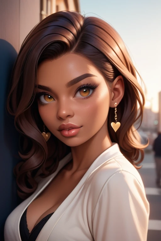Tall hispanic woman with expressive hazel eyes and long wavy dark brown hair; warm olive skin; hourglass build; ("heart-shaped-face" with full lips); ample bosom; best quality; trending on artstation; dark room with complex volumetric lighting; strong shadows; artistic lighting; dynamic; energetic vibe; realistic skin; specular highlights; micro-textures; highly detailed hair; on an outdoor asphalt court, surrounded by urban sprawl with lots of highrise buildings