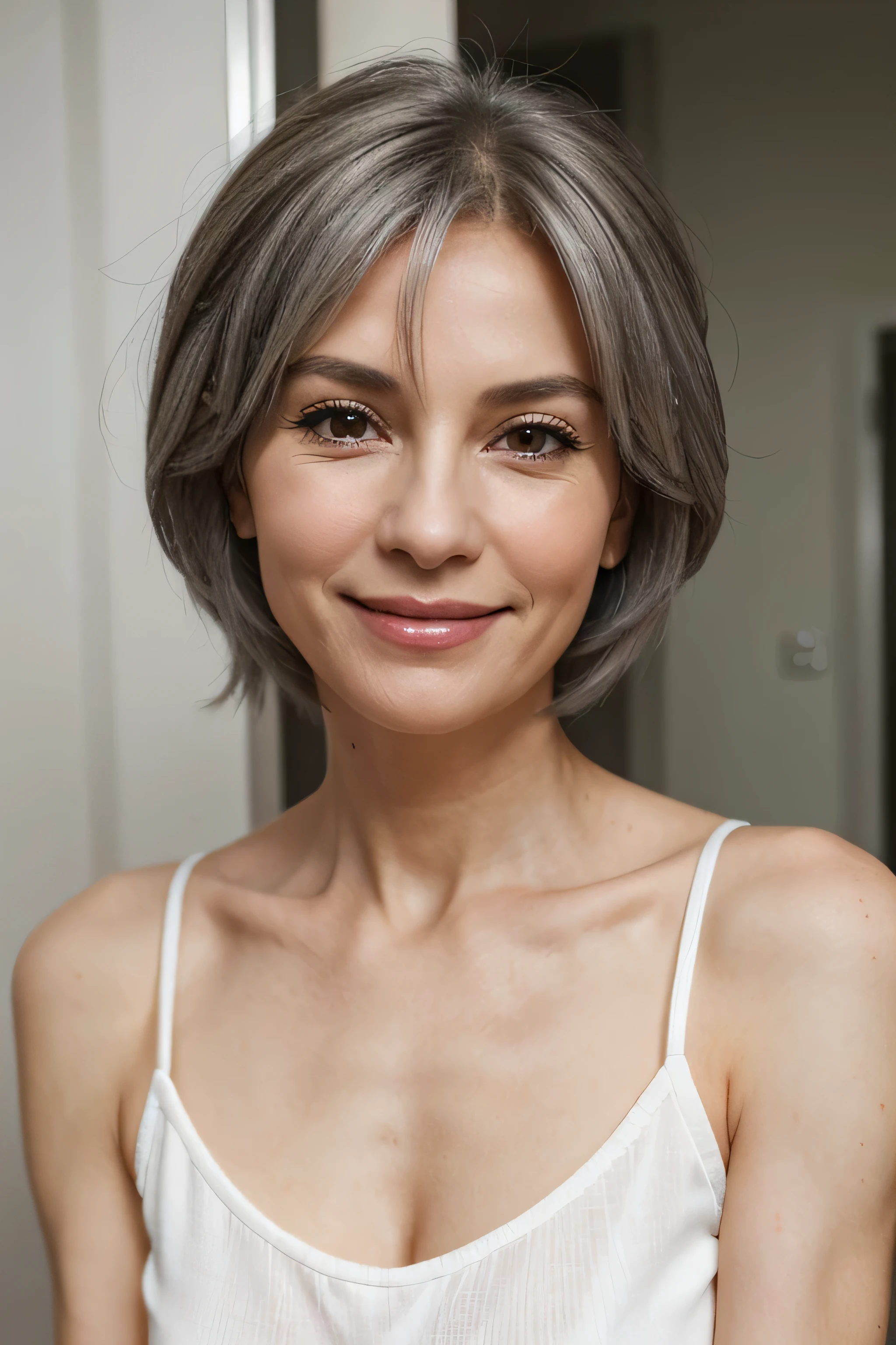 A 50 year old woman, pretty, with half gray hair, smooth and short. She is thin, has light eyes and white skin. She has a fixed look and a sweet smile.
