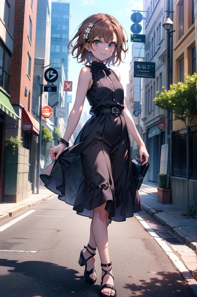 Mycotrose, Brown eyes,Brown Hair,short hair,One side up,Small breasts,Flower Hair Ornaments,happy smile, smile, Open your mouth,Sleeveless dress,Long skirt,Heeled Sandals,Walking,whole bodyがイラストに入るように, break looking at viewer, whole body, break outdoors, Coastal street with buildings, break (masterpiece:1.2), Highest quality, High resolution, unity 8k wallpaper, (shape:0.8), (Beautiful and beautiful eyes:1.6), Highly detailed face, Perfect lighting, Extremely detailed CG, (Perfect hands, Perfect Anatomy),