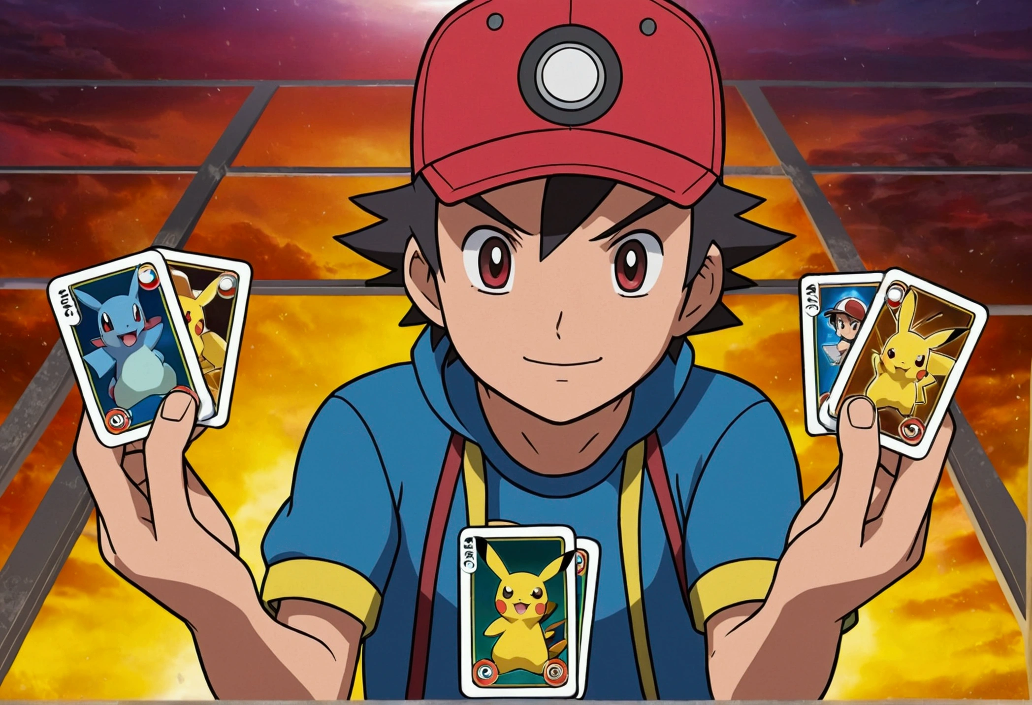 Pokémon Ash opens his hands, with Pokémon game cards suspended in the middle.